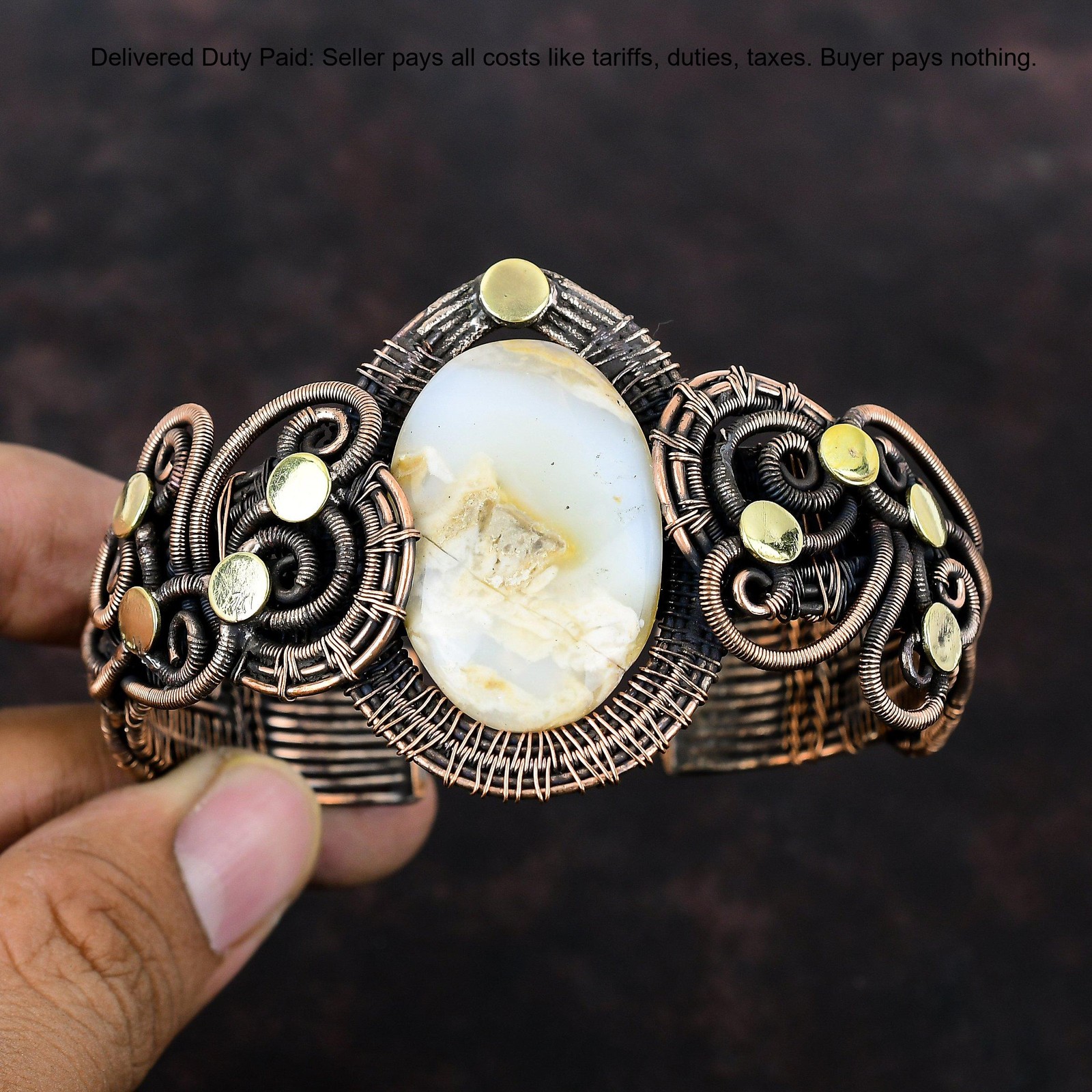 Oval Plume Agate Stone Copper Unique Wedding Wire Wrapped Ethnic Daughter Bangle