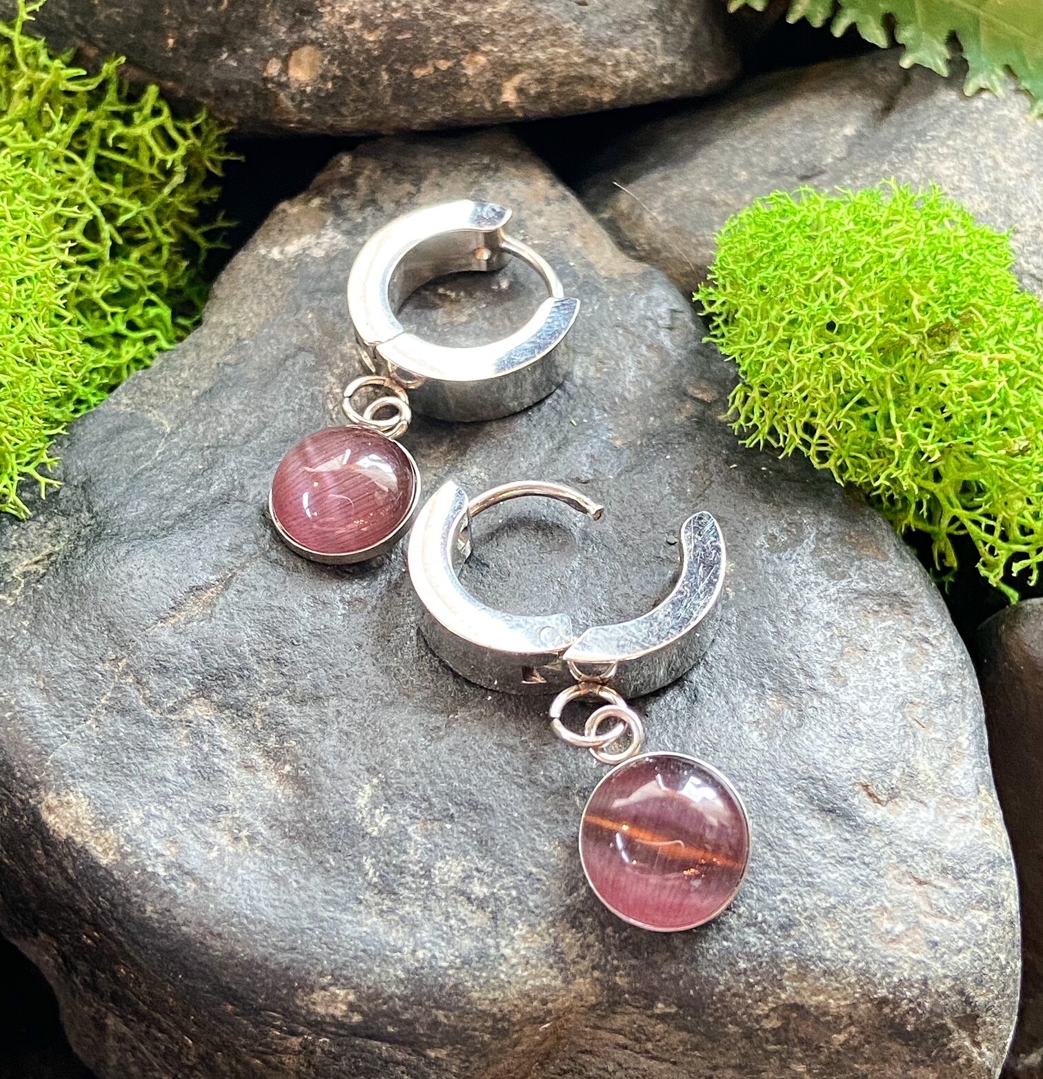 PAIR of Hinged Hoop Earrings Semi-Precious Stone Dangle 20g 316L Stainless Steel