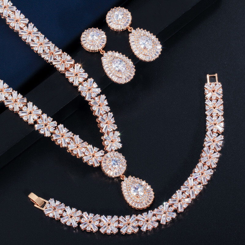 Gold Plated Water Drop Pageant Necklace Earring Bracelet CZ Zirconia Jewelry Set