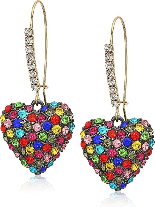Betsey Johnson Stone Heart Dangle Earrings | Rainbow Pave Stones Crystal Accents