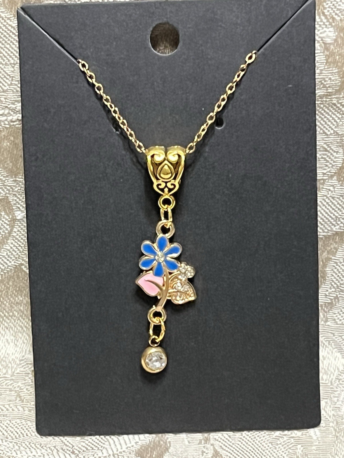 Retro Floral Gem Enamel Pendant Gold 18” Necklace Bohemian Floral Novelty