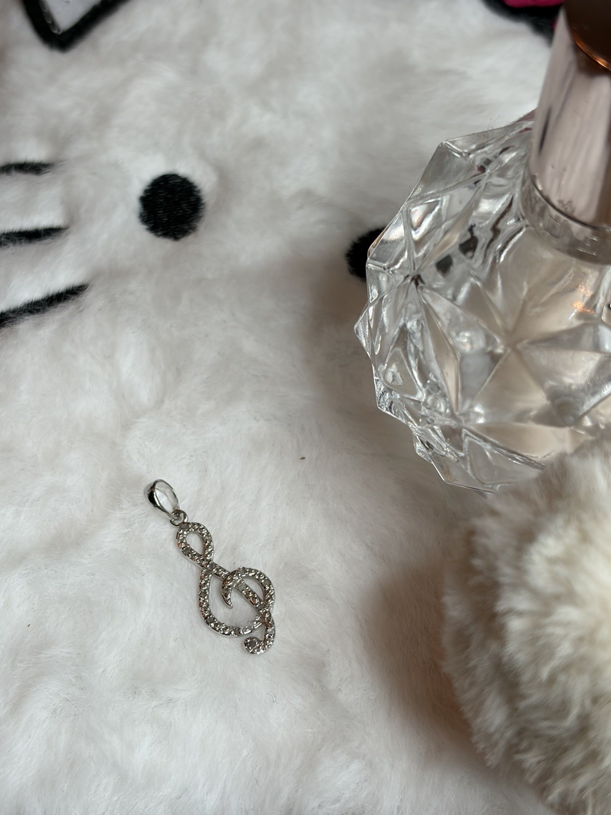 Silver Plated Tone Treble Clef Musical Note Dangle Charm, Clear Crystal Lobster