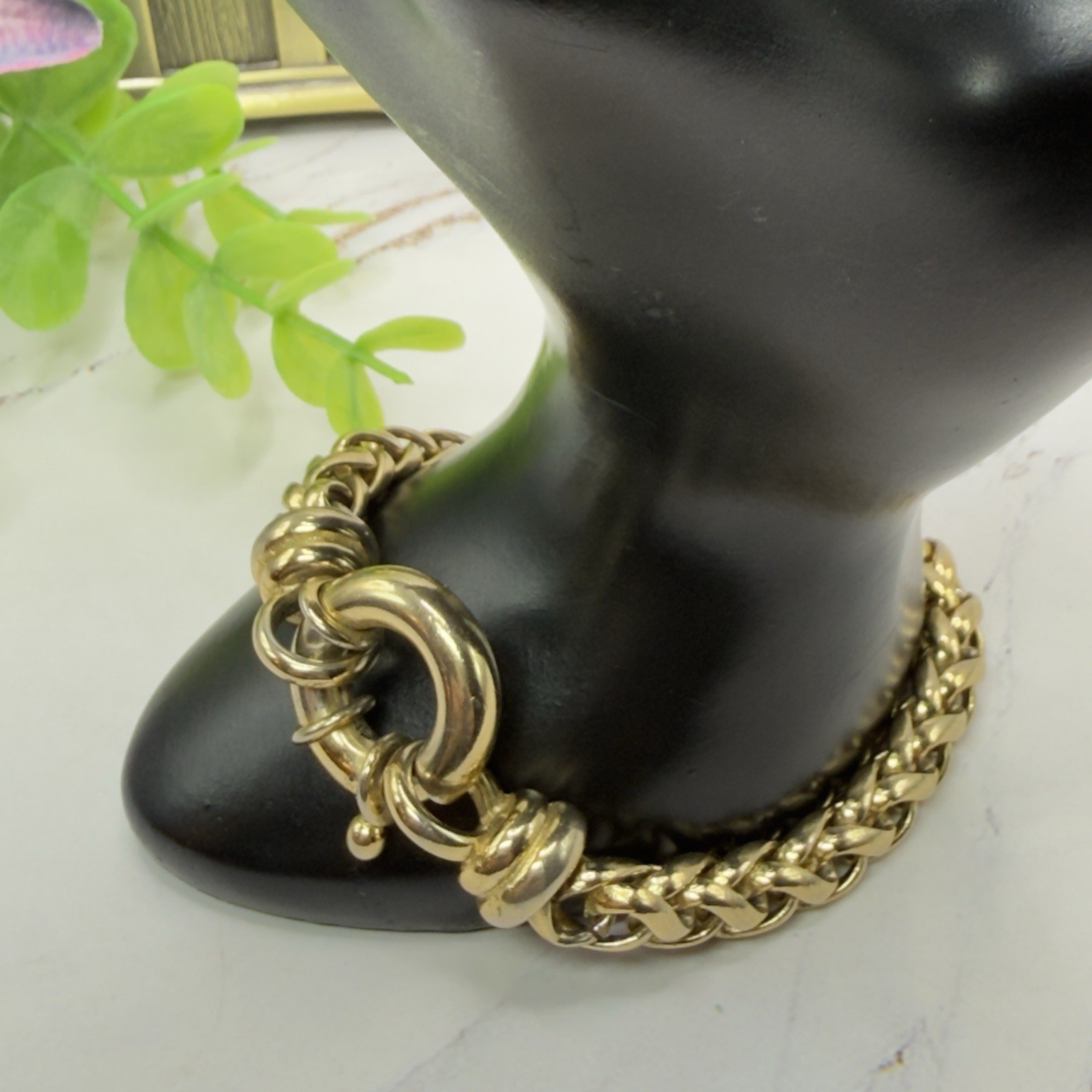 Gold Tone Wheat Link Chain Bracelet Large Spring Ring Bolt Clasp Fashion Jewelry