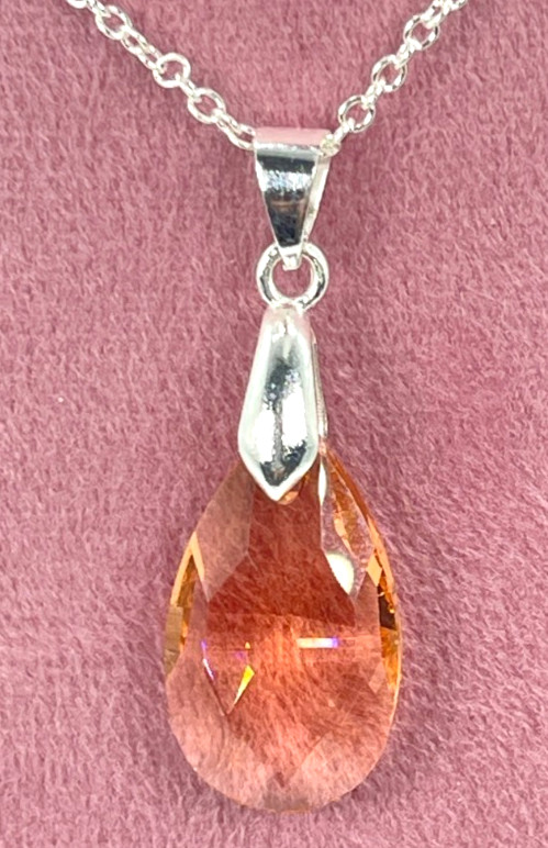 Necklace/Earrings 925 Silver Peach Color Faceted Teardrop Crystals 20″ Ear 1.5″