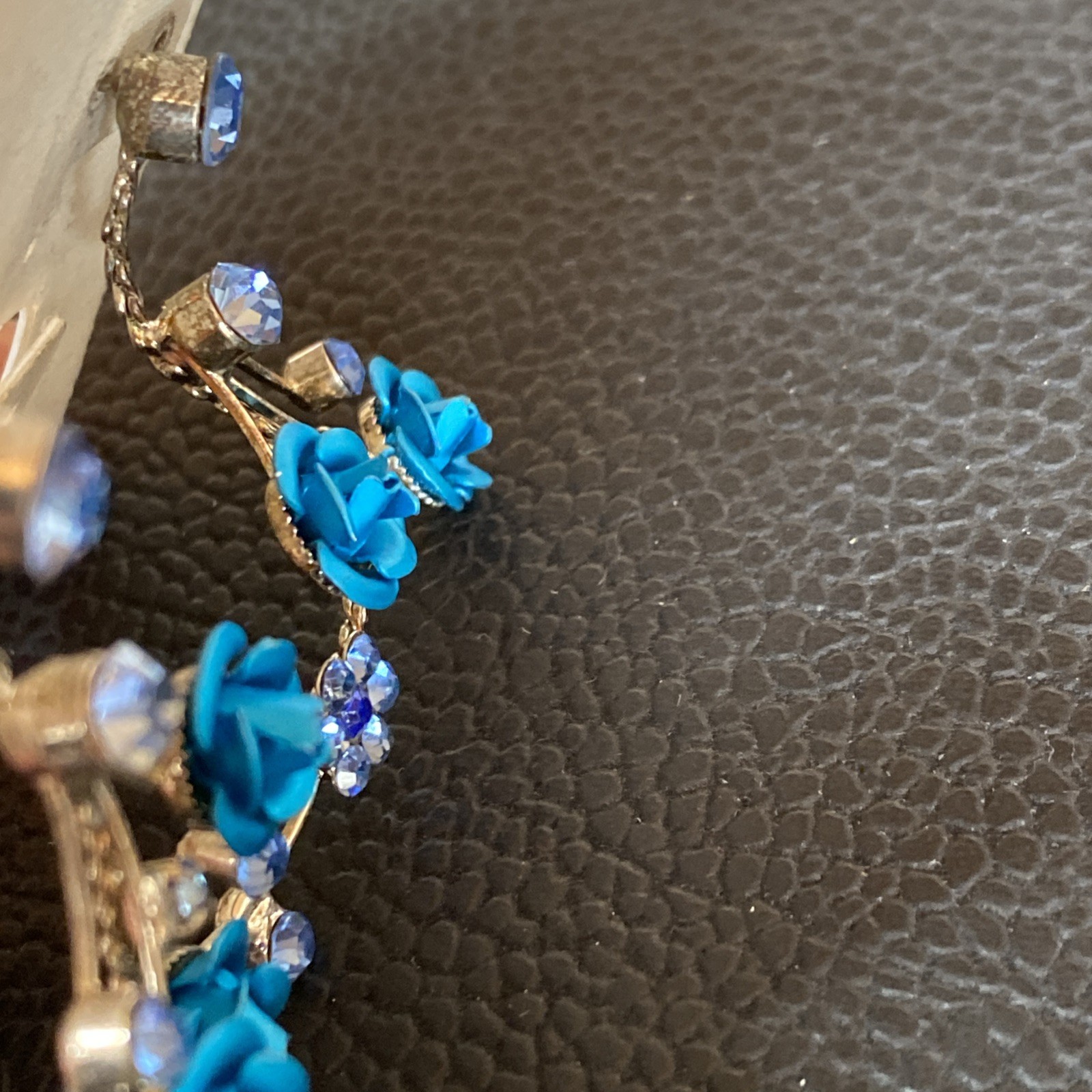 Faceted Blue Rhinestone Retro Aluminum Rose Dangle Silvertone Flower Earrings