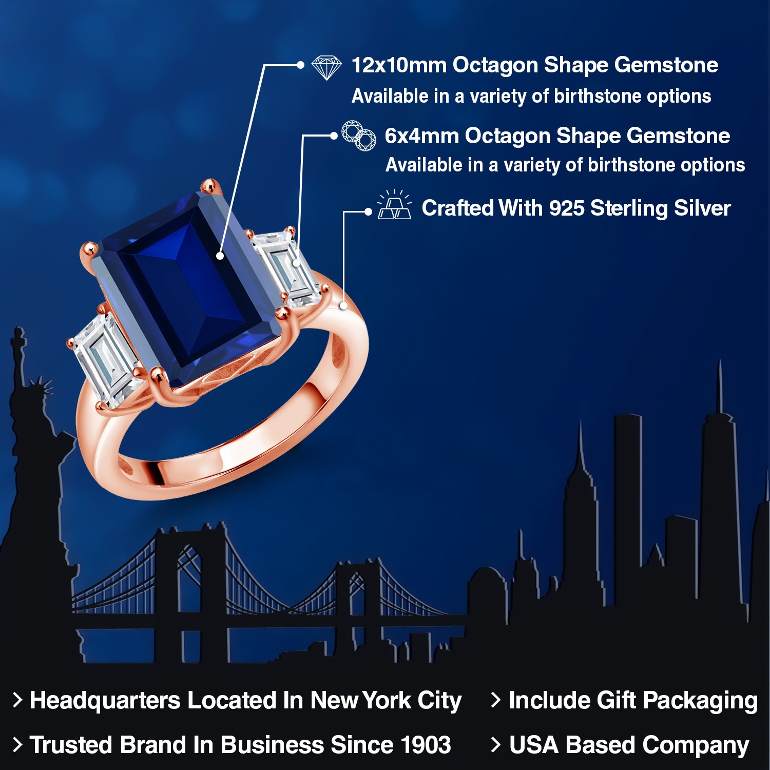 18K Rose Gold Plated Silver 3-Stone Ring Simulated Sapphire Moissanite (7.84