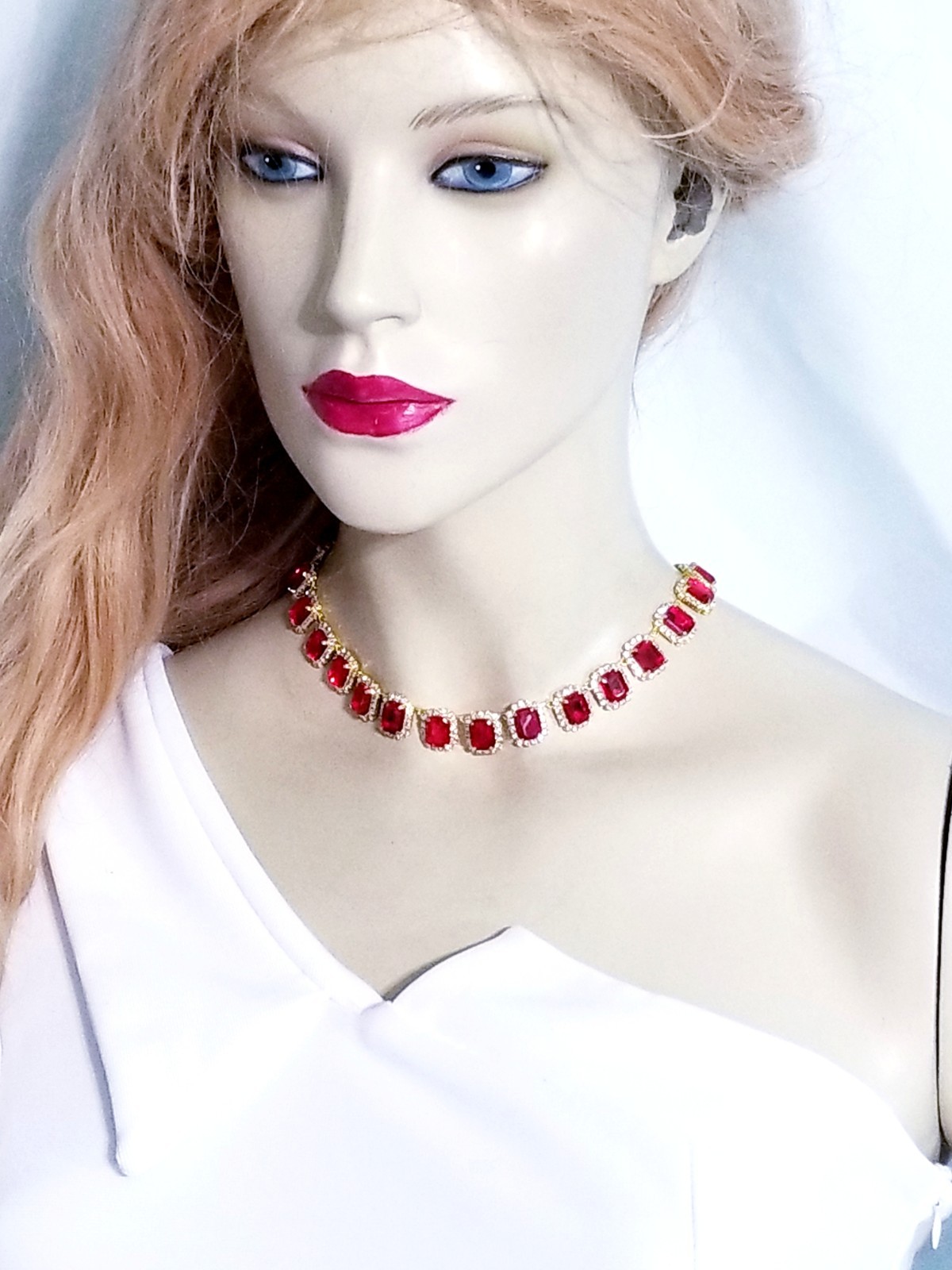 Red Statement Choker Rhinestone Necklace Bridal Prom Pageant Jewelry