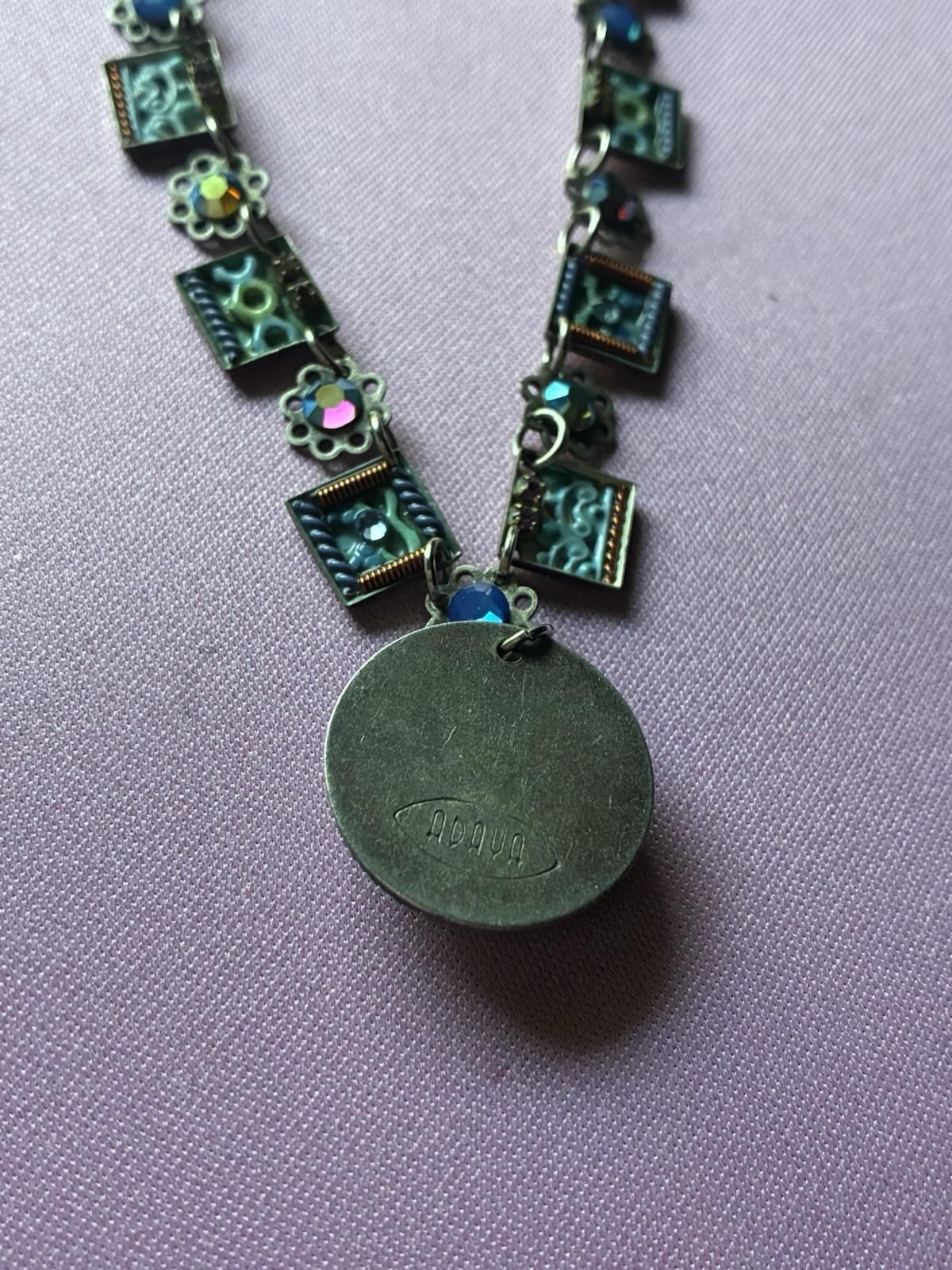 Noosa Silver-Plated Cable Chain Necklace Blue Crystal Round Pendant Signed
