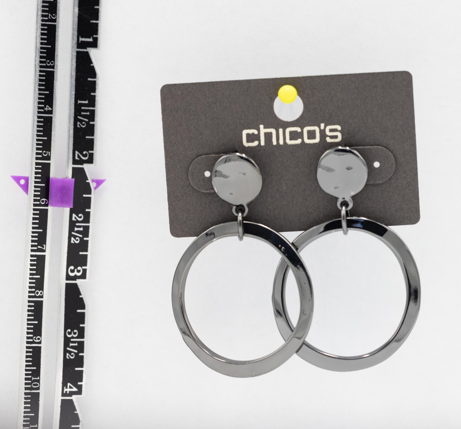 Chico’s 2” Gunmetal Gray Drop Dangle Hoop Post Earrings NWT
