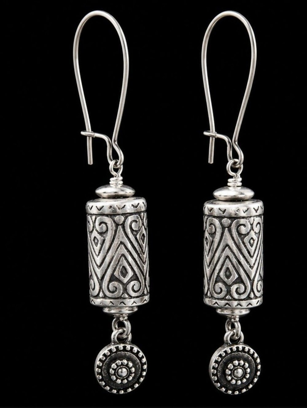 Chico’s Silver Tone Artisan Barrel Drop Earrings NWT Southwestern Boho