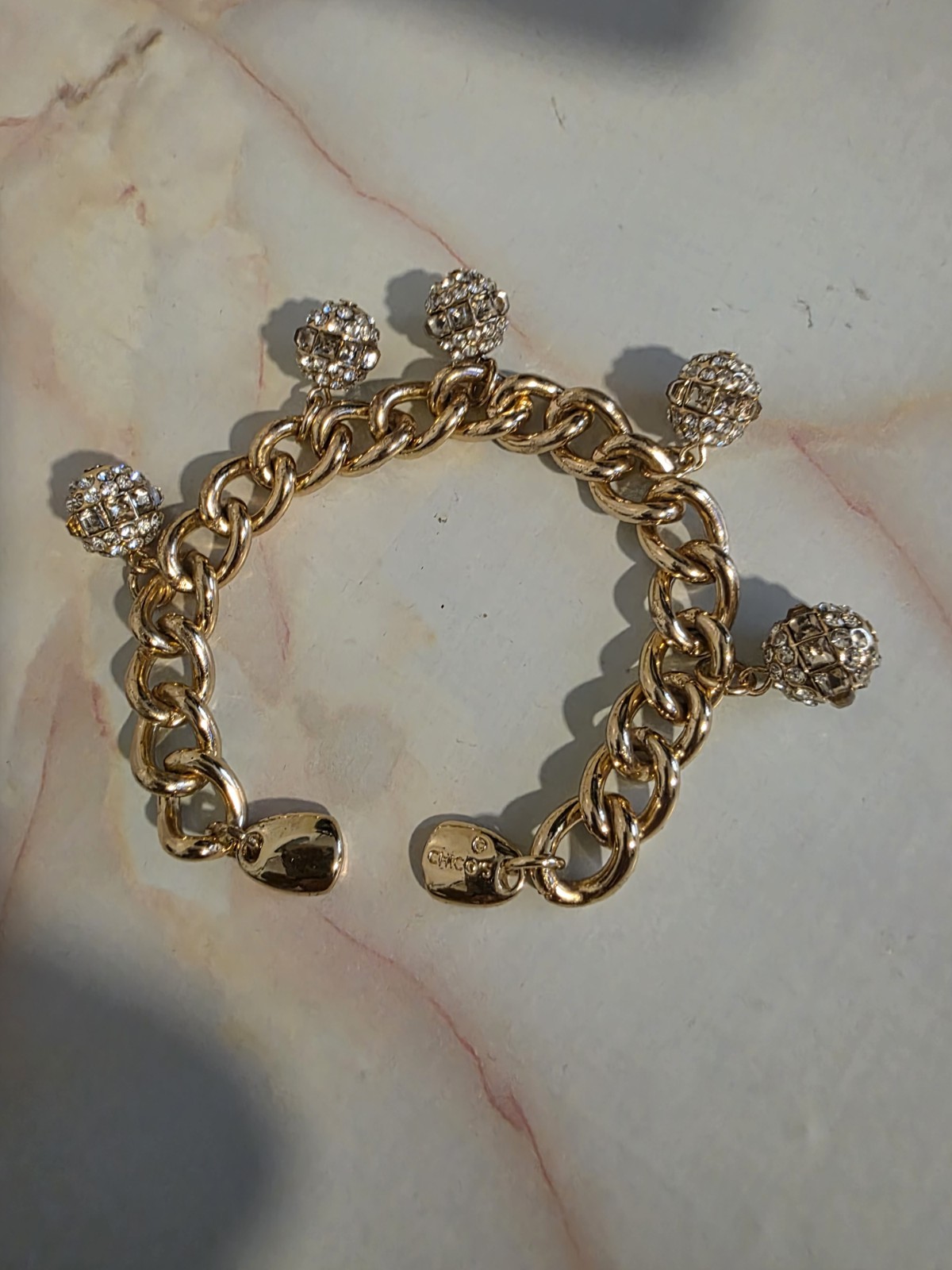 CHICO’S Gold Tone Curb Link Charm Bracelet Crystal Dangles Lobster Signed