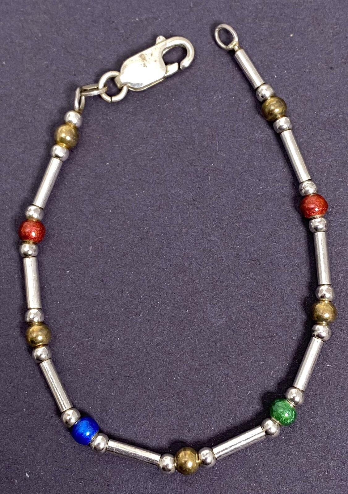 Vintage HAN 925 Italy Bracelet Red Green Blue Gold Ball Sterling Silver 6.75”