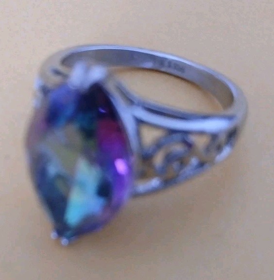 Stainless Steel Size 8 Mystic Fire Look Ring Marquise Shape Silver Scrollwork