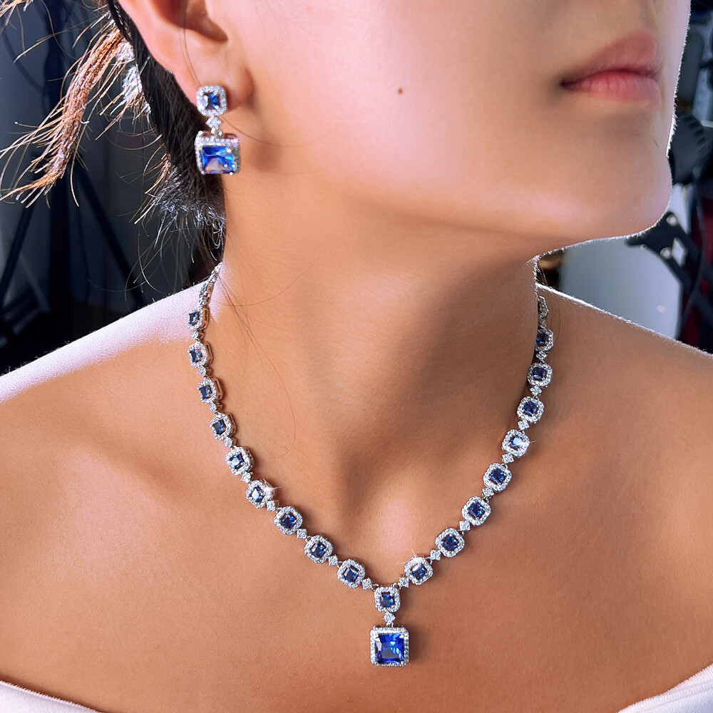 Blue Square Drop Earrings Necklace Silver Plated Cubic Zircon Bridal Jewelry Set