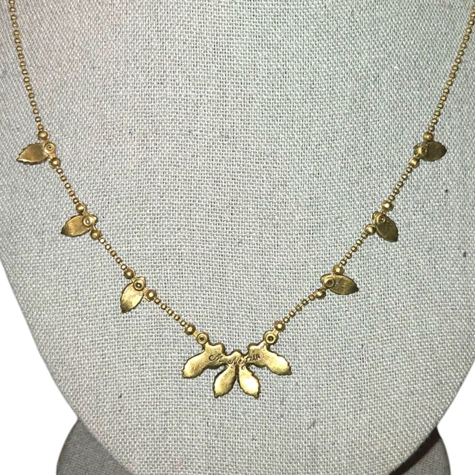 Michal Negrin Signed Swarovski Crystal Flower Bronze Ball Chain Necklace 16″