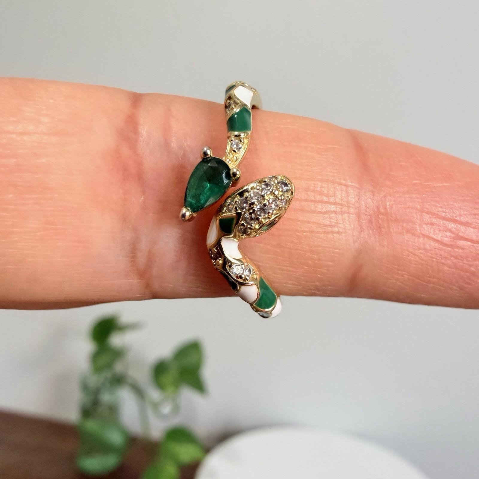 Green & Cubic Z Coiled Snake Serpent Open Bypass Cuff Ring Sz 7 Adjustable