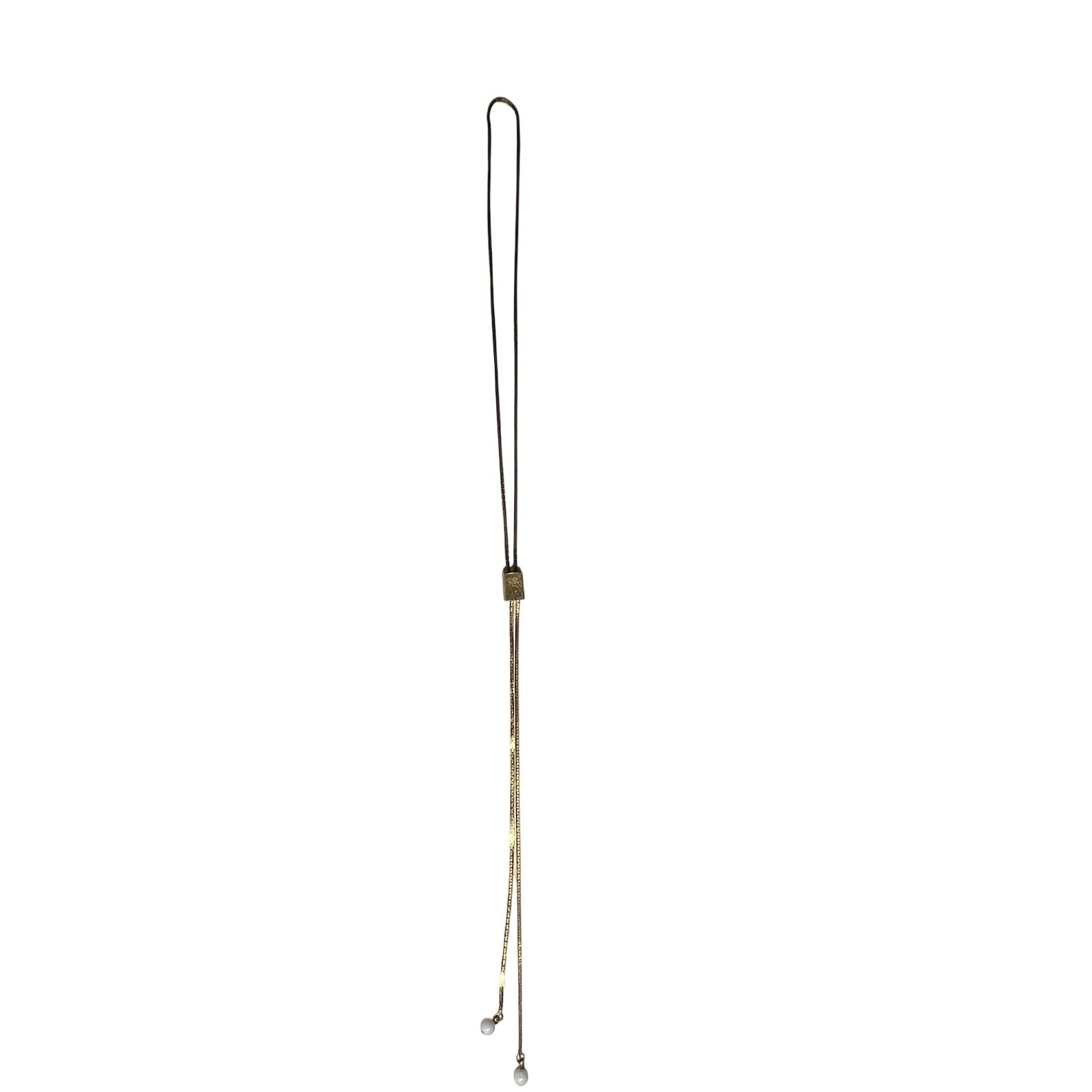 Gold Tone Lariat Necklace Adjustable Slide Pendant White Bead Tassel 17in