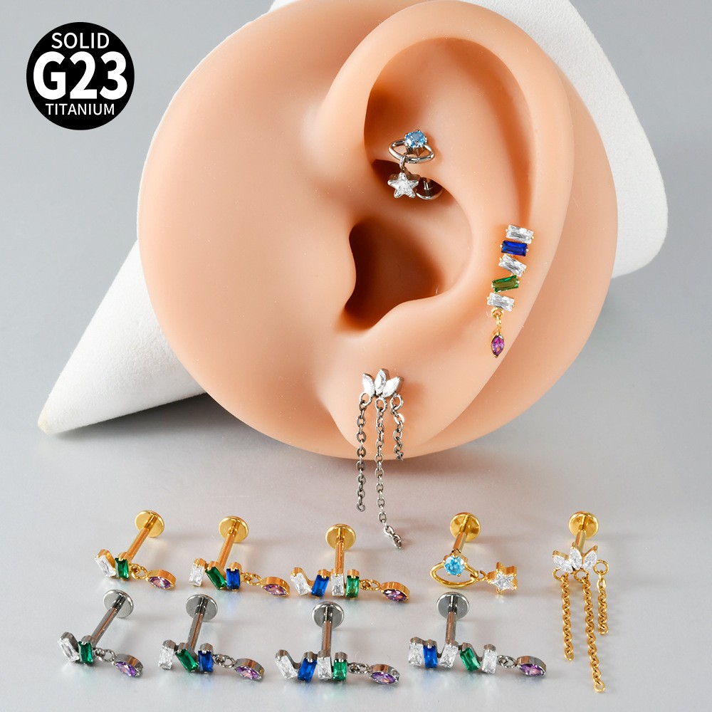 G23 Titanium Cartilage Stud Earring 16G Star/Chain Drop Labret Stud Ear Piercing