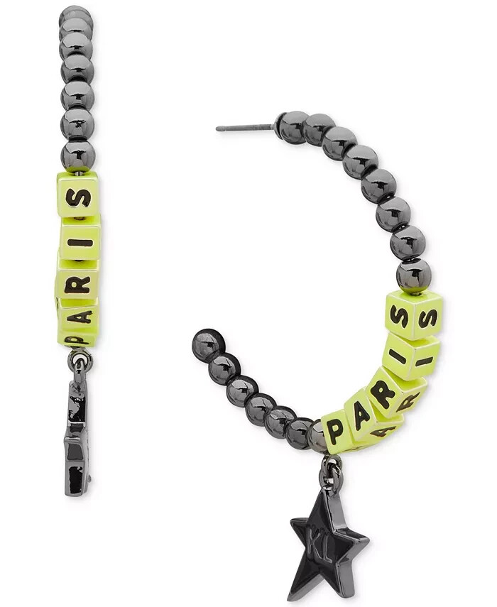 Karl Lagerfeld Logo Black Beaded Star Chartreuse Paris Letters C-Hoop Earrings