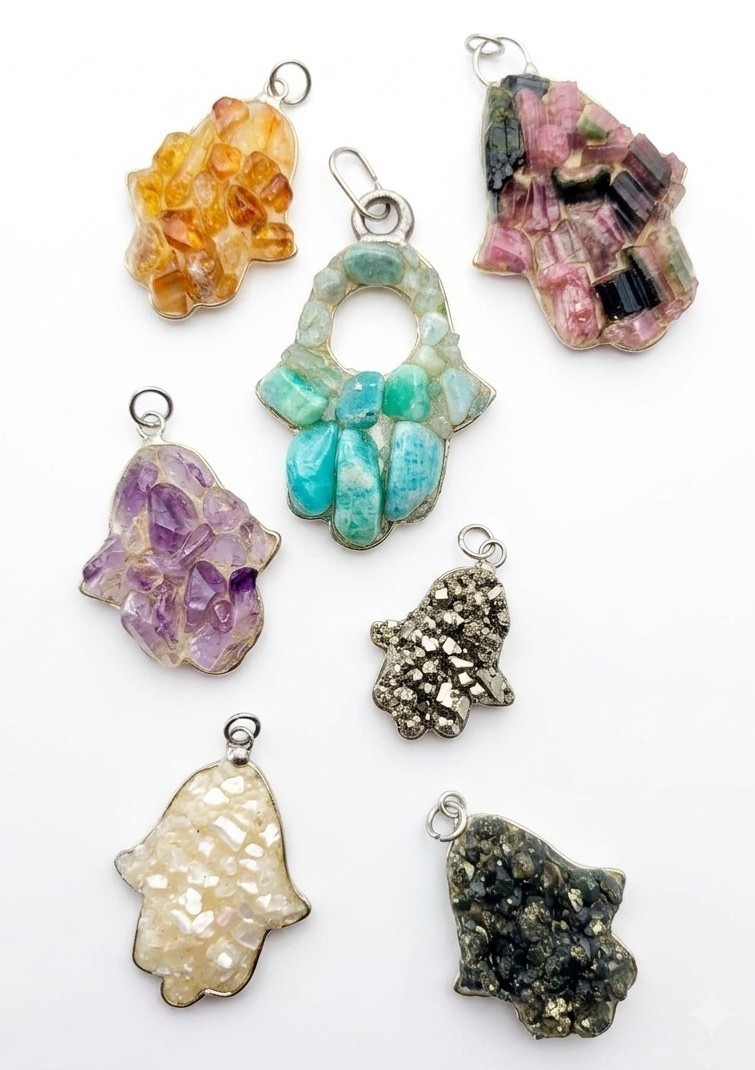 NEW 7 Handcrafted Semi Precious Stone Hamsa Pendants Evil Eye Good Luck Chamsa
