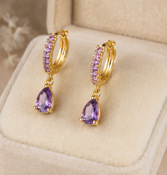 2.00Ct Pear Cut Simulated Amethyst Dangle Hoop Earrings 14K Yellow Gold Plated