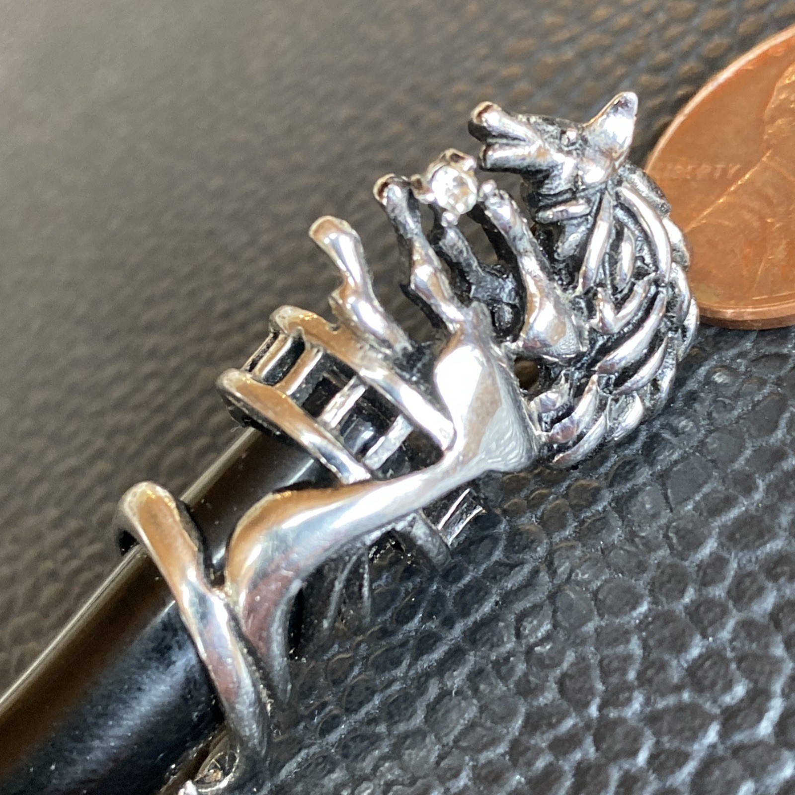 Wolf Head Tribal Pendant Shiny Silver Tone Simulated Faux Onyx Black Fang Tooth