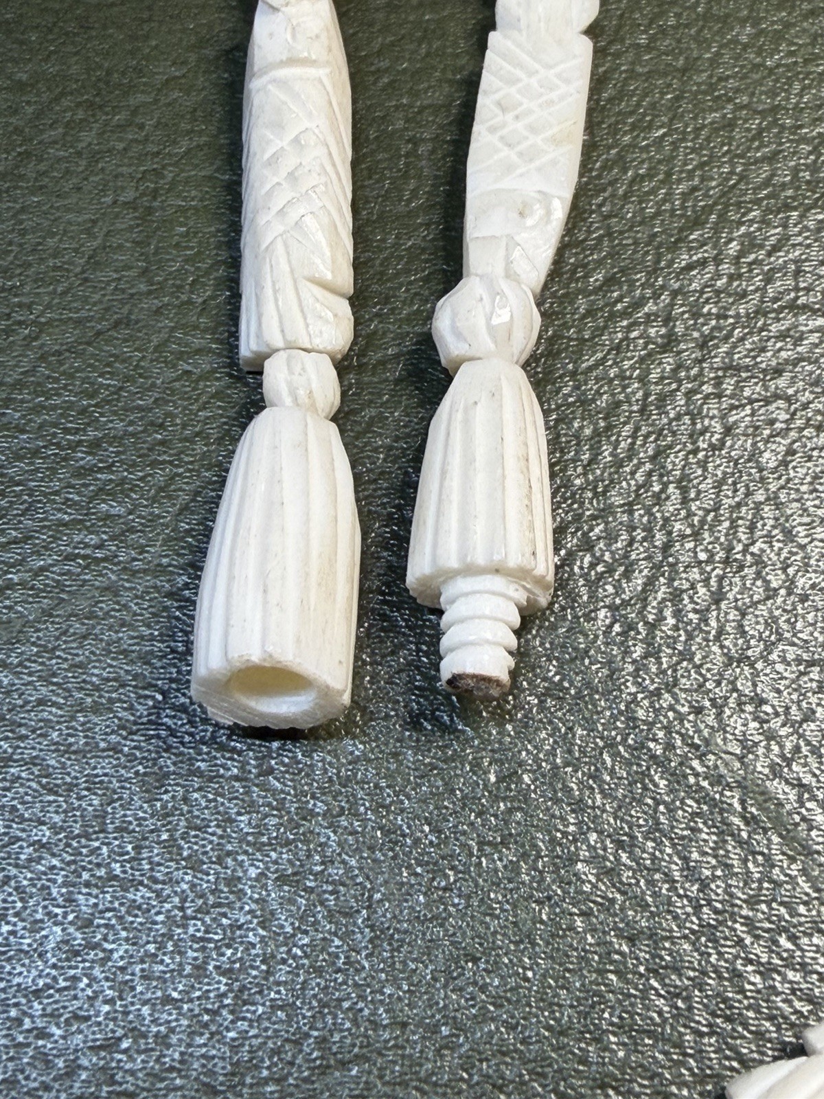 White Carved Bone Beaded Strand Necklace Ball/Bead Chain Screw Closure