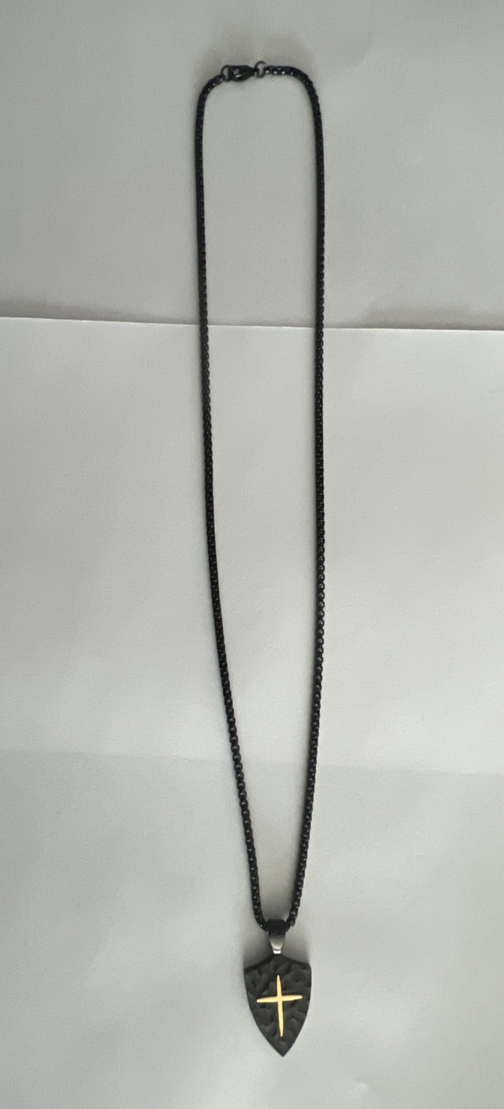 Hammered Shield & Cross Necklace Black & Yellow Ion-Plated Stainless Steel 24″