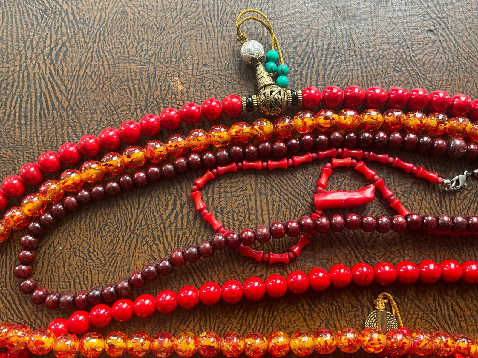 Vintage Bold Red Acrylic Resin Bead Necklace Lot 7 Pcs Chunky Boho Faux Coral