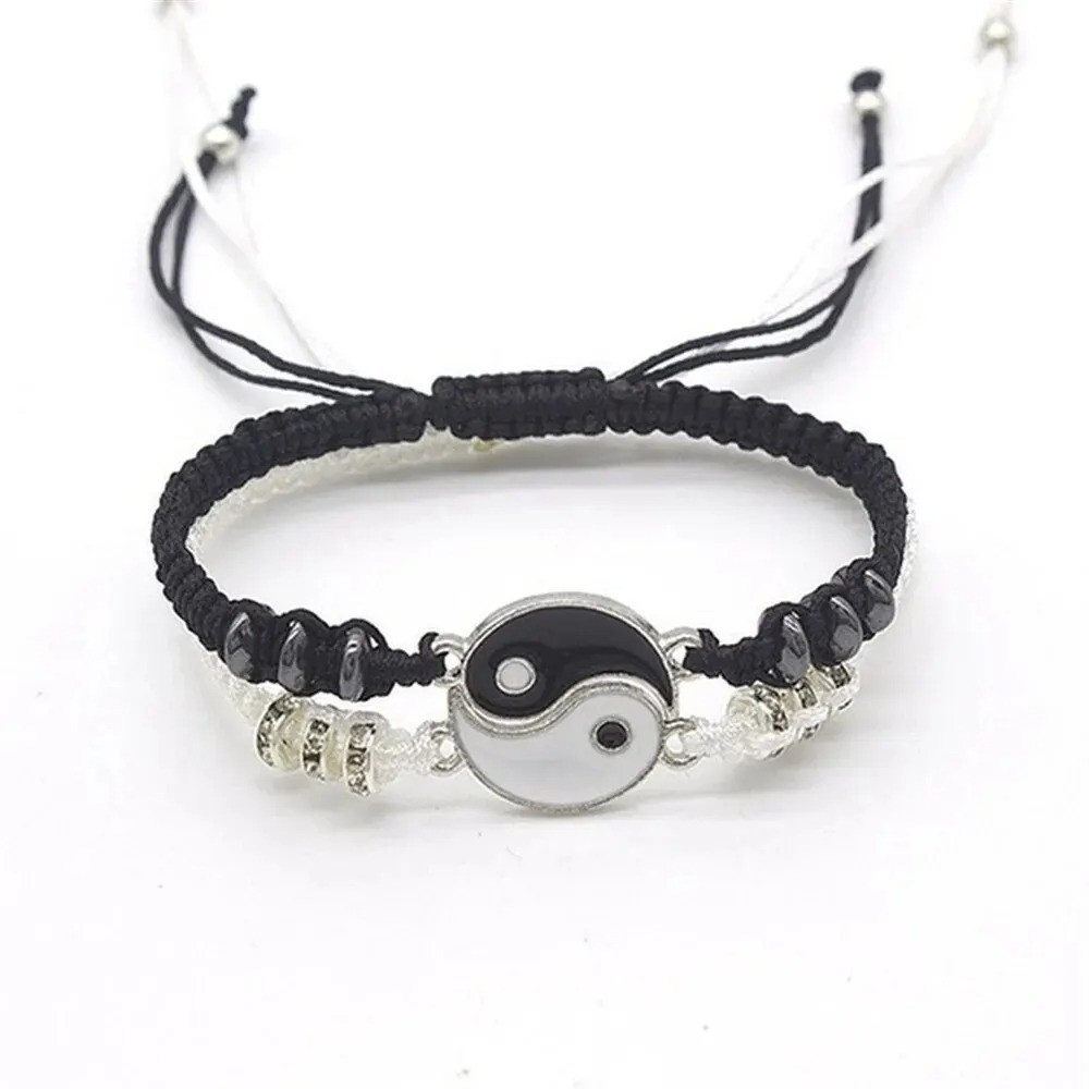 Couple Yin Yang Tai Chi Bracelets Black White Adjustable Rope Jewelry Set