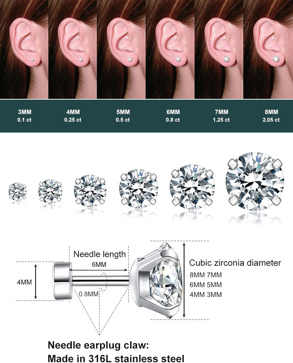 6 Pairs Hypoallergenic Cubic Zirconia Earrings Surgical Steel Flat Back Studs fo