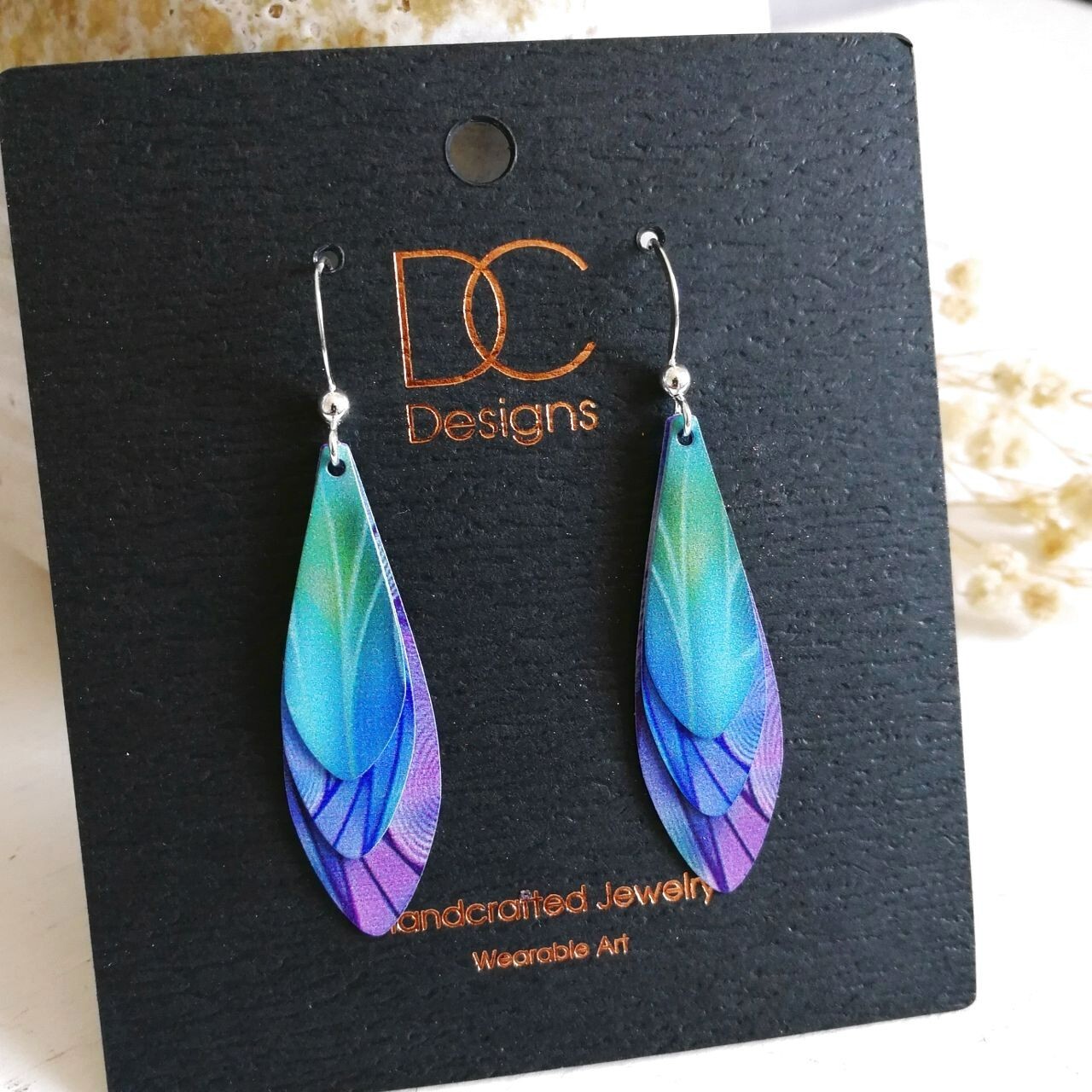 DC Designs Green Blue Purple Art Print Triple Layered Teardrop Earrings 23NL
