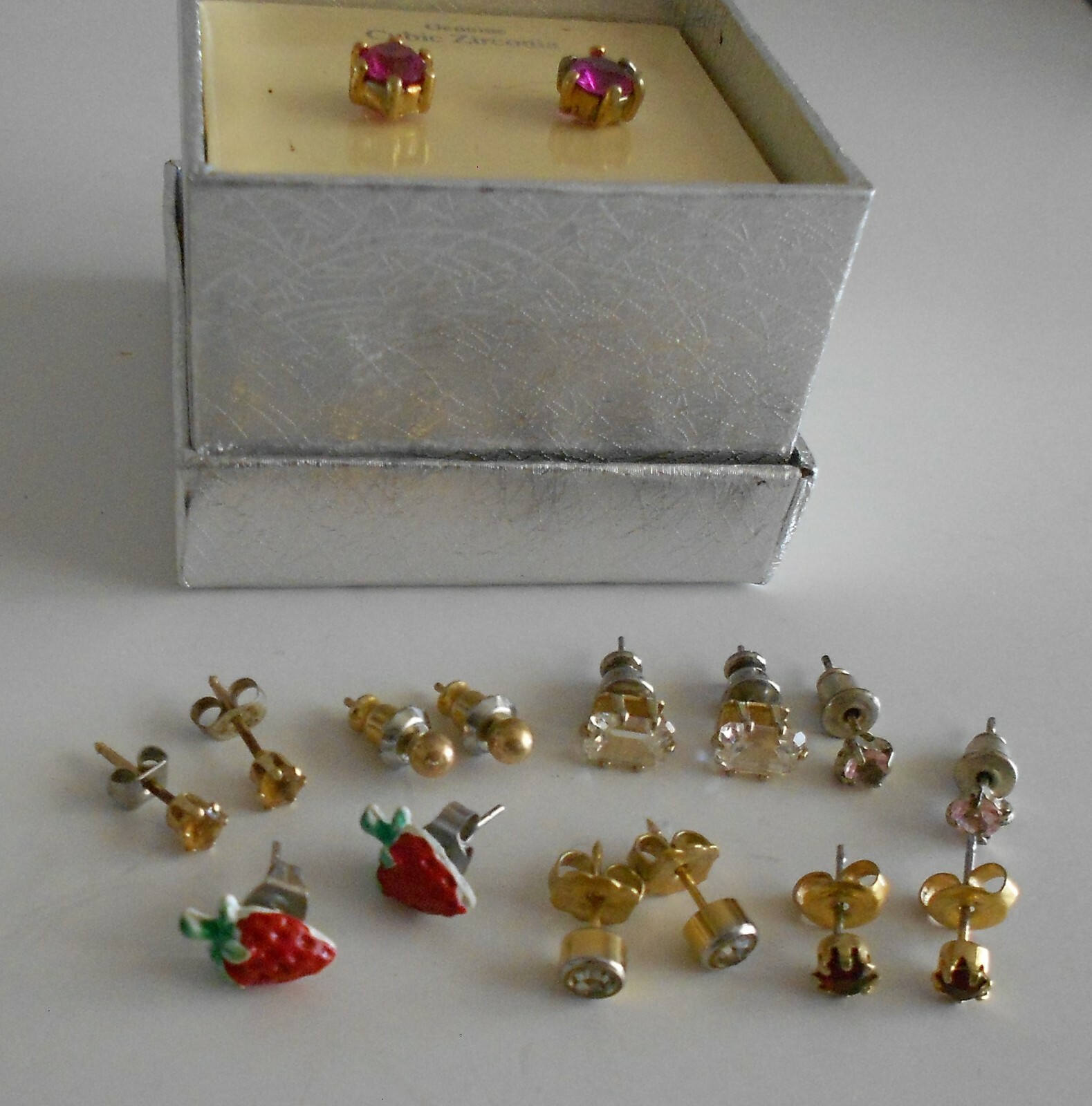 8 Pair Stud Earrings Pink Cubic Zirconia Red Enamel Strawberry