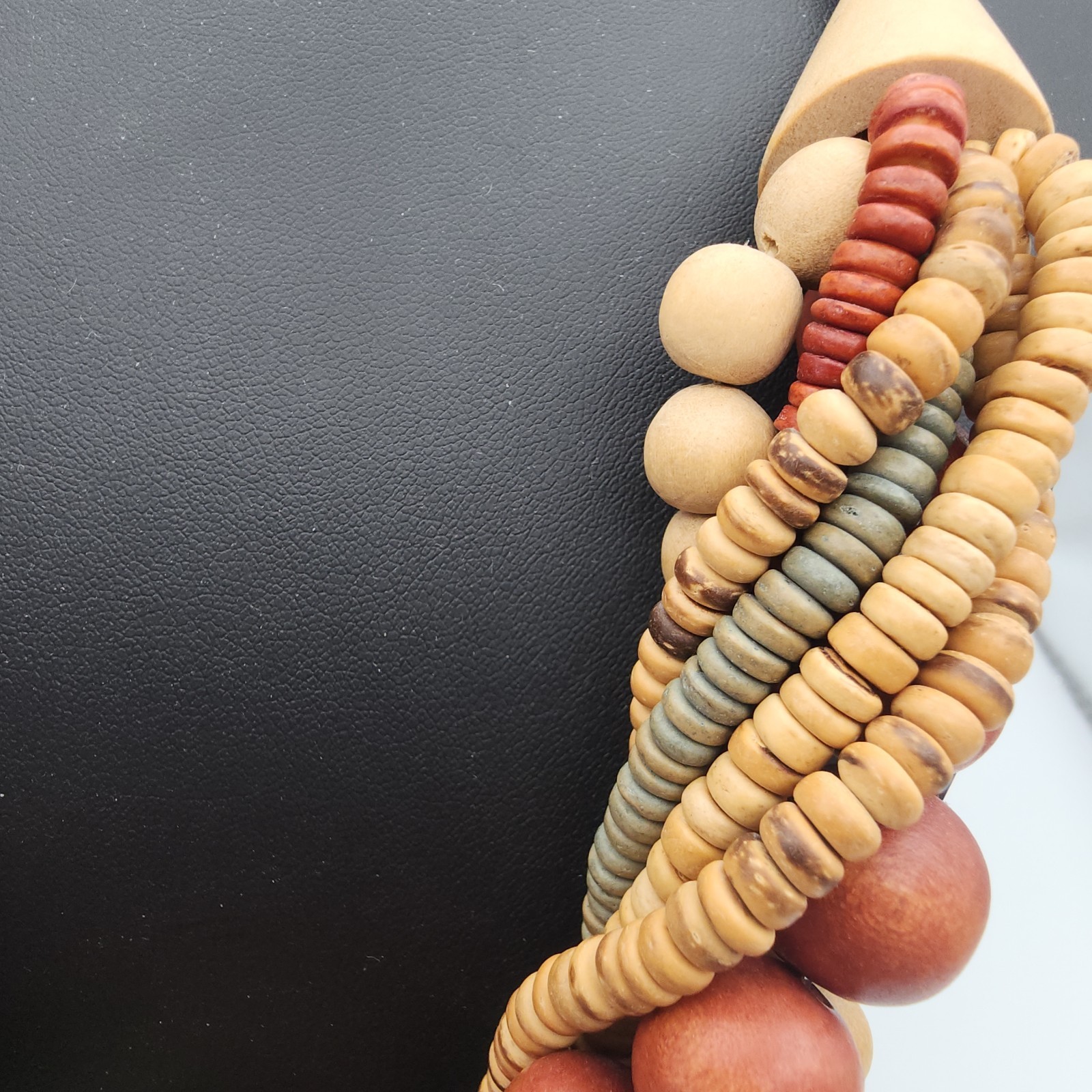 Chunky Multi Strand Wood Bead Statement Necklace Twisted Boho Red Brown Collar