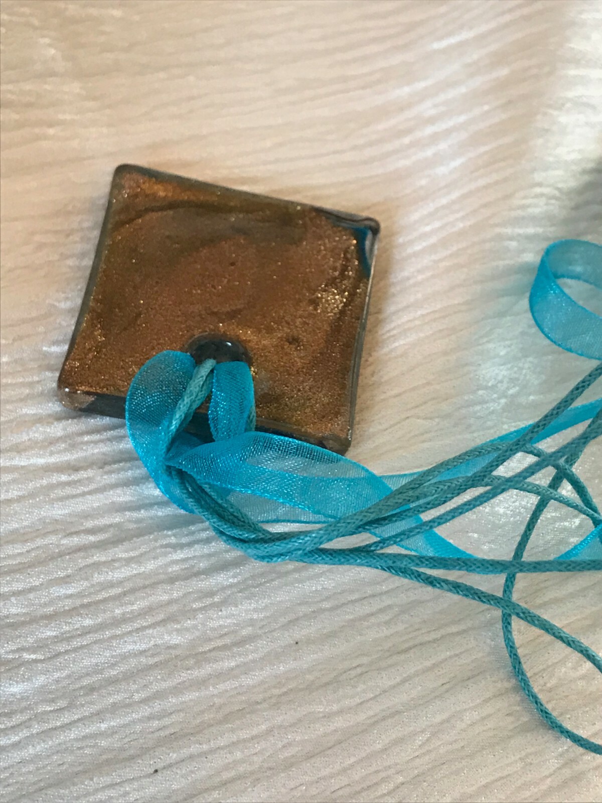 Estate Multistrand Aqua Silk Cord with Large Square Swirl Fused Art Glass Pendan
