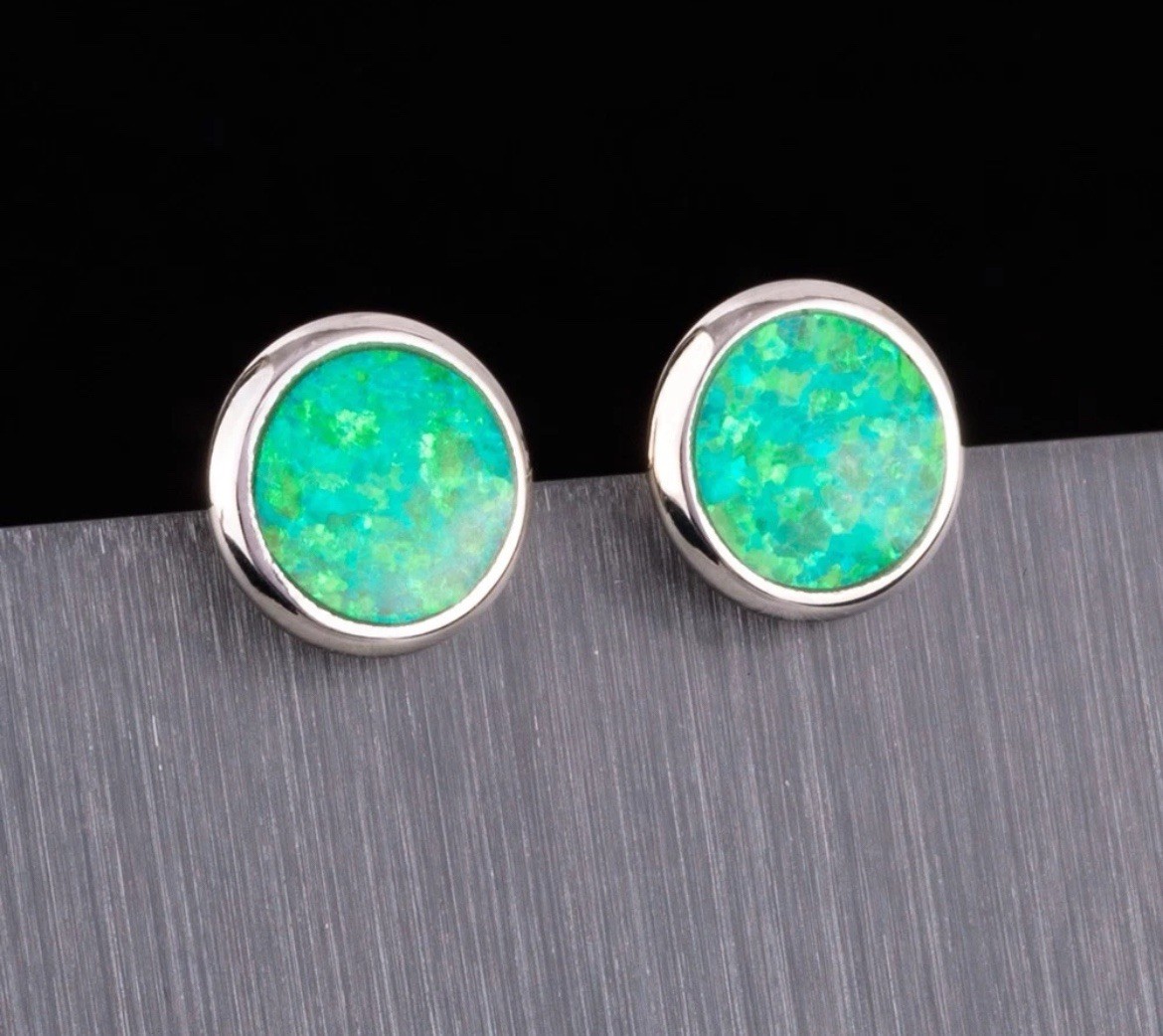 Gorgeous Kiwi Green Fire Opal 10mm Earrings & Ring Size 9.5 Set
