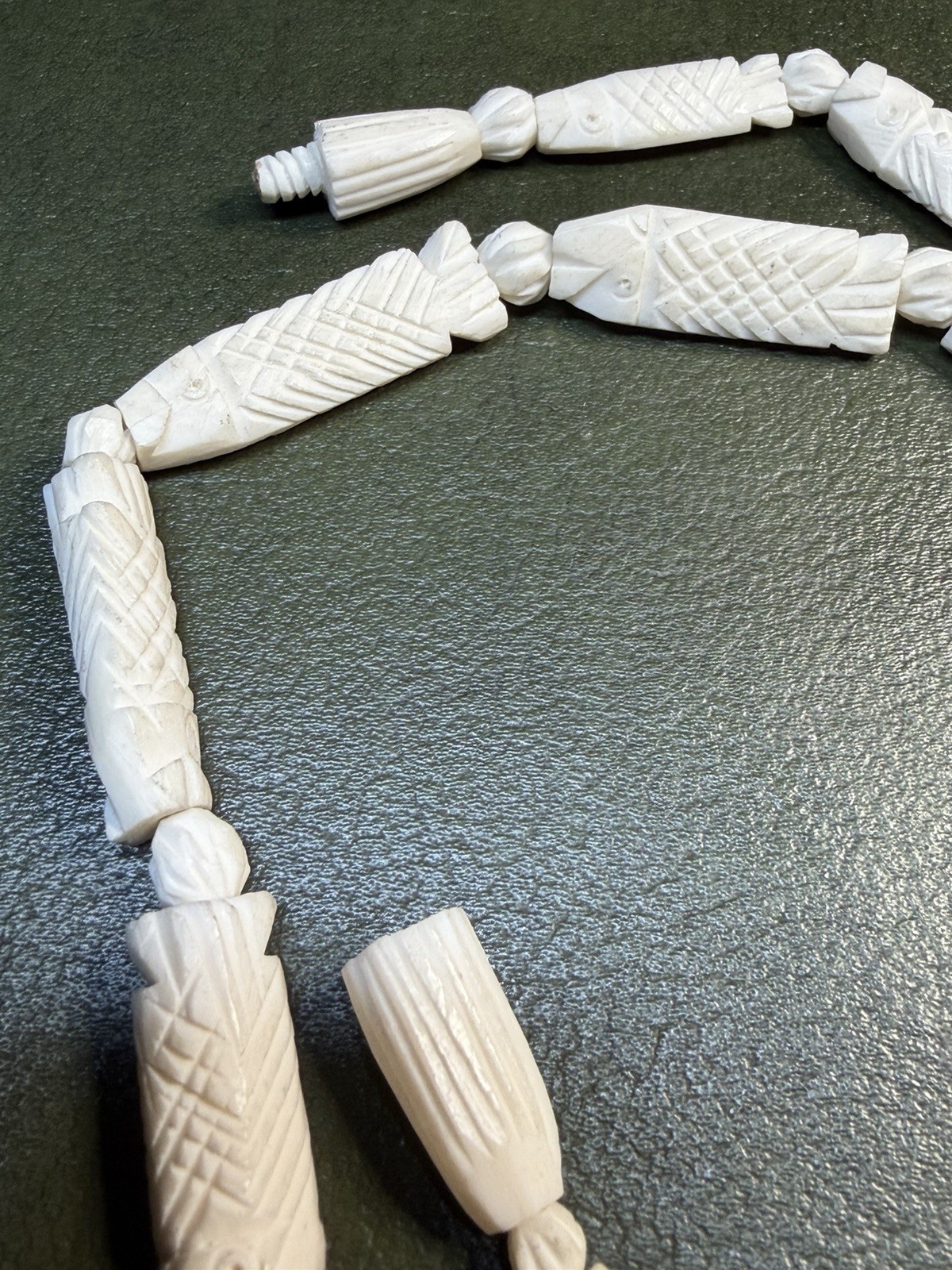 White Carved Bone Beaded Strand Necklace Ball/Bead Chain Screw Closure