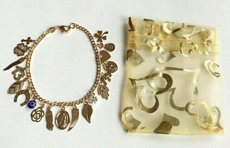 14K Gold Plated Bracelet Good Luck 7.5” Long /Pulsera De Buena Suerte -B48