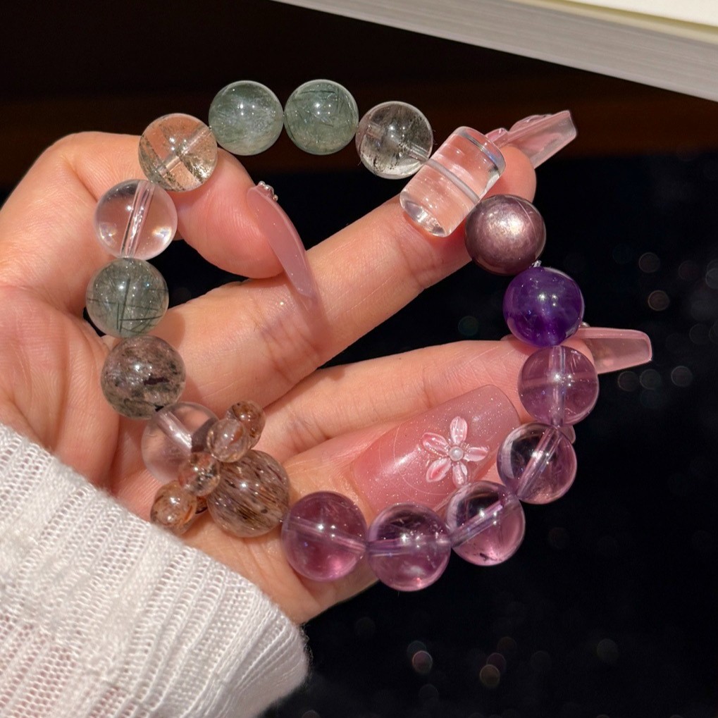 10mm Natural Amethyst Green Phantom Quartz Rutilated Quartz Handmade Bracelet
