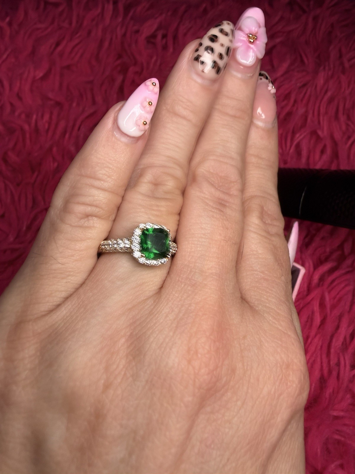 Gold Filled Emerald Green Halo Ring AAA CZ Cushion Cut Size 6