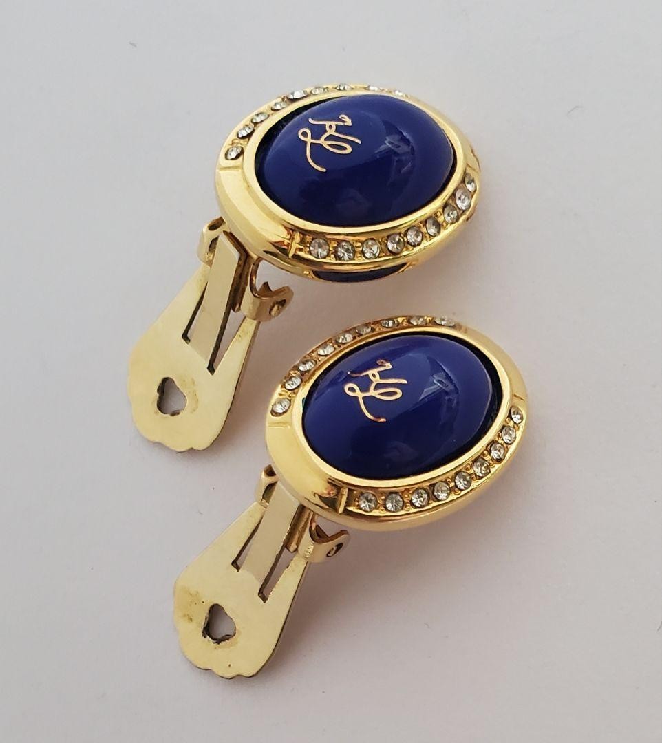 Vintage Karl Lagerfeld Blue Cabochon cut Gold Tone Oval Clip-On Earrings