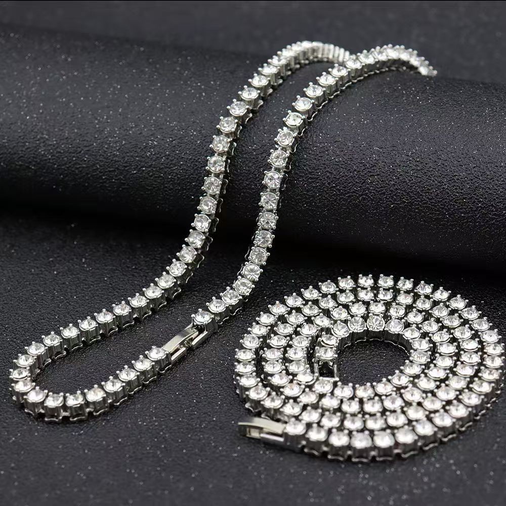 Silver Layer Tennis Chain Cross Pendant Hip Hop Unisex Bling Layering Necklace