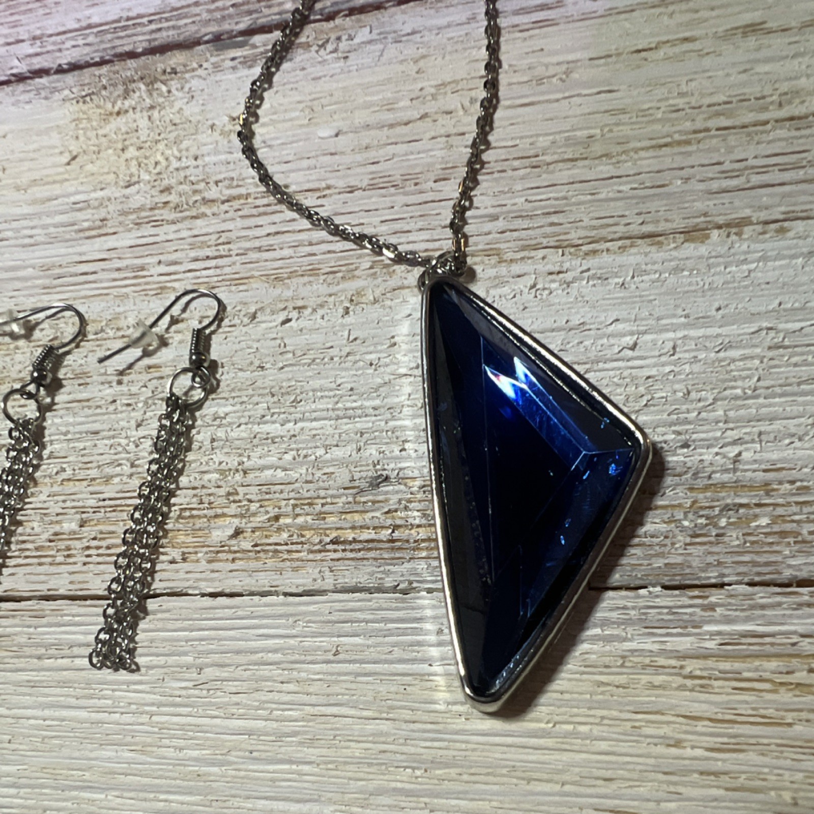 Silver Tone Blue Triangle Pendant Necklace & Tassel Earrings Jewelry Set