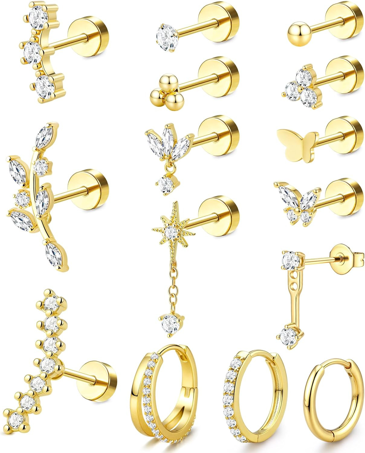 20/18/16G Cartilage Earrings for Women Flat Back Earring Stacks Hypoallergenic S