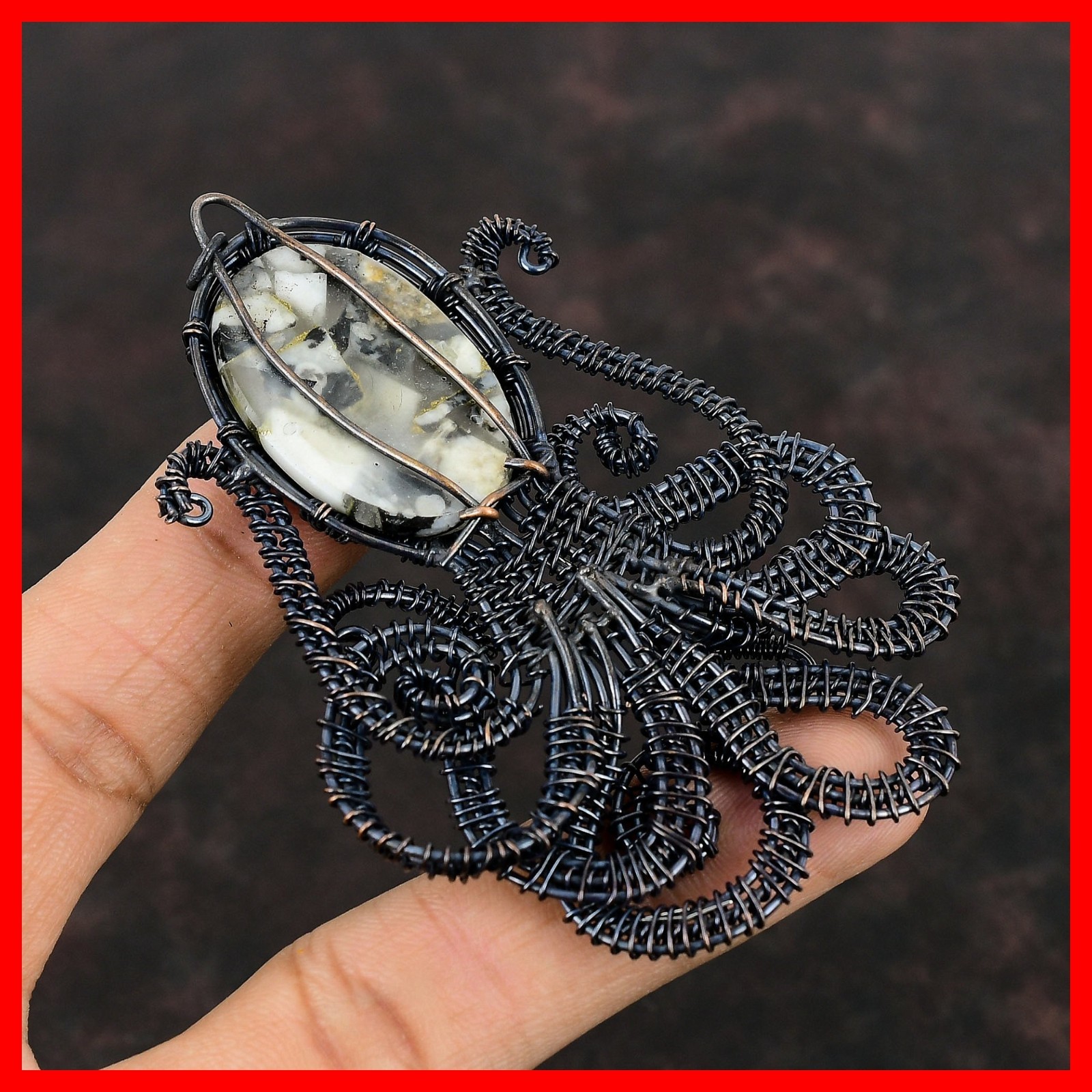 Copper Oval Natural Copper Black And White Turquoise Wire Wrap Pendant Jewelry