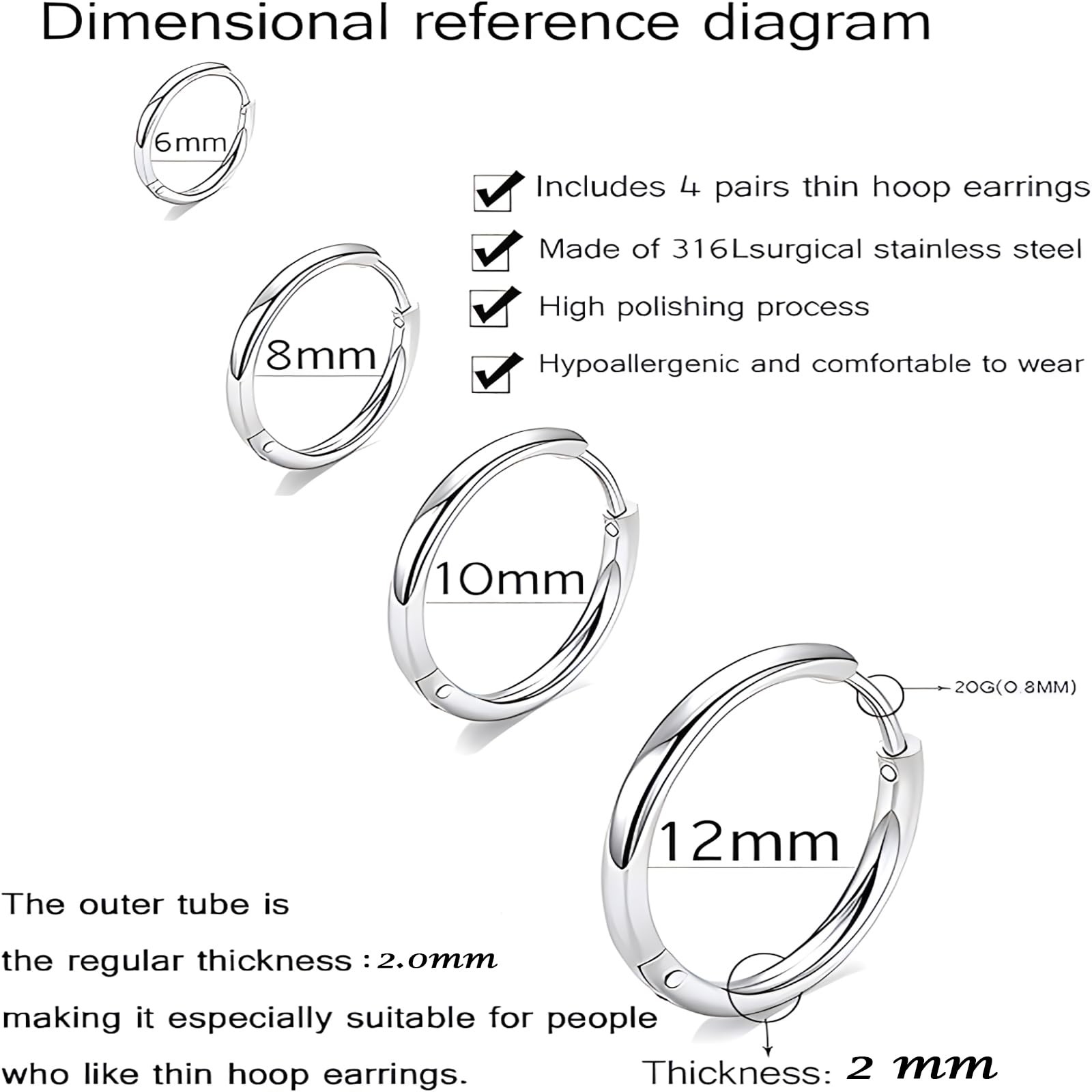 316L Surgical Stainless Steel Huggie Hoop Earrings 6mm 8mm 10mm 11mm 12mm 14m…