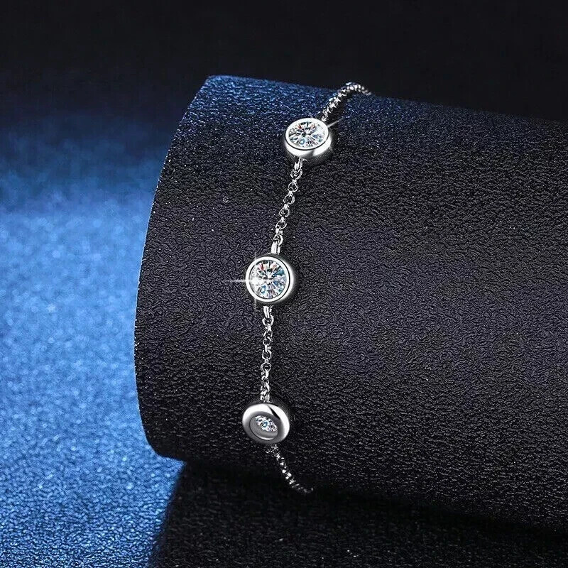 3.10Ct Round Simulated Diamond 3 Stone Bolo Chain Bracelet 14K White Gold Plated