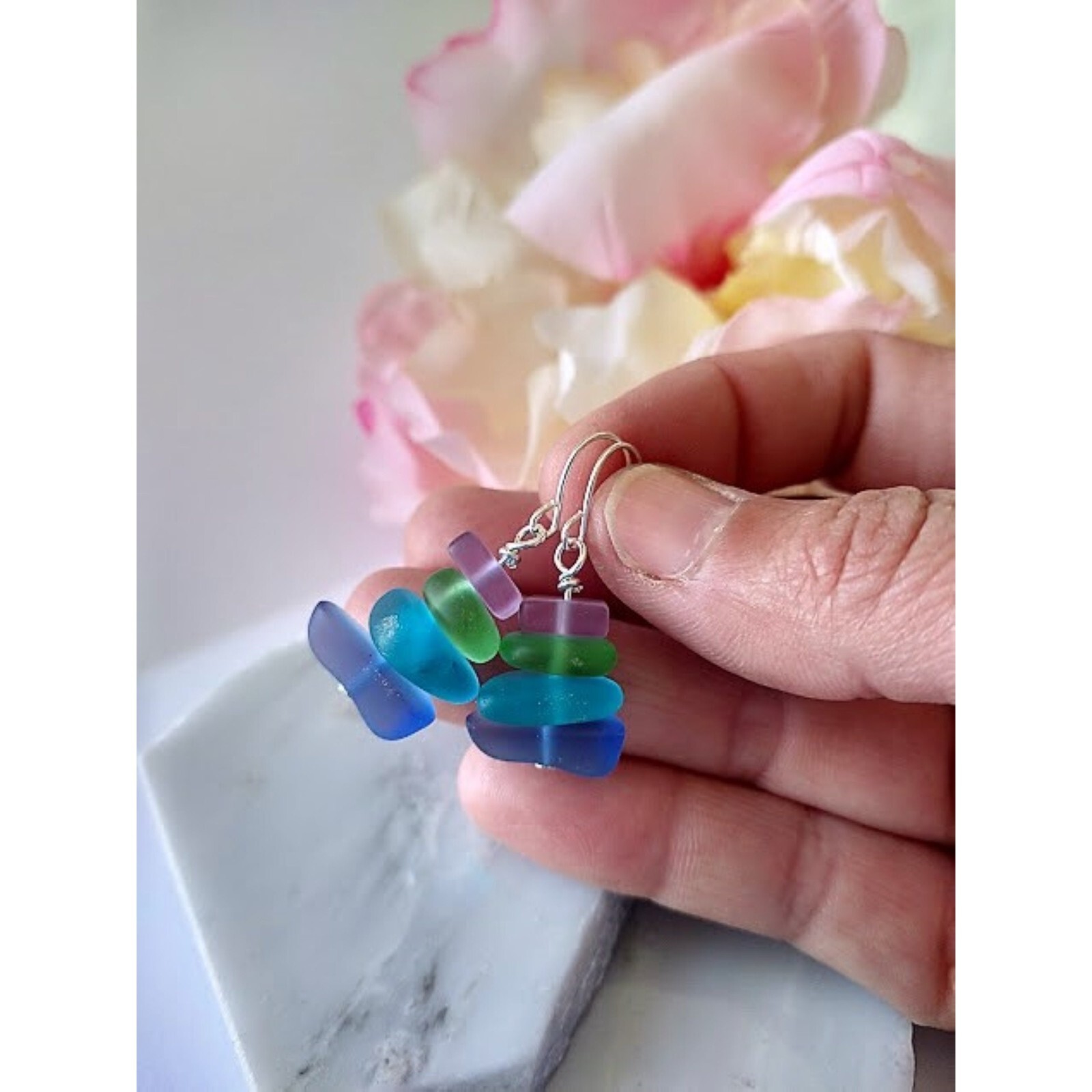 Multicolor Pebble Shaped Frosted Sea Glass Silver Ladies Dangle Earrings