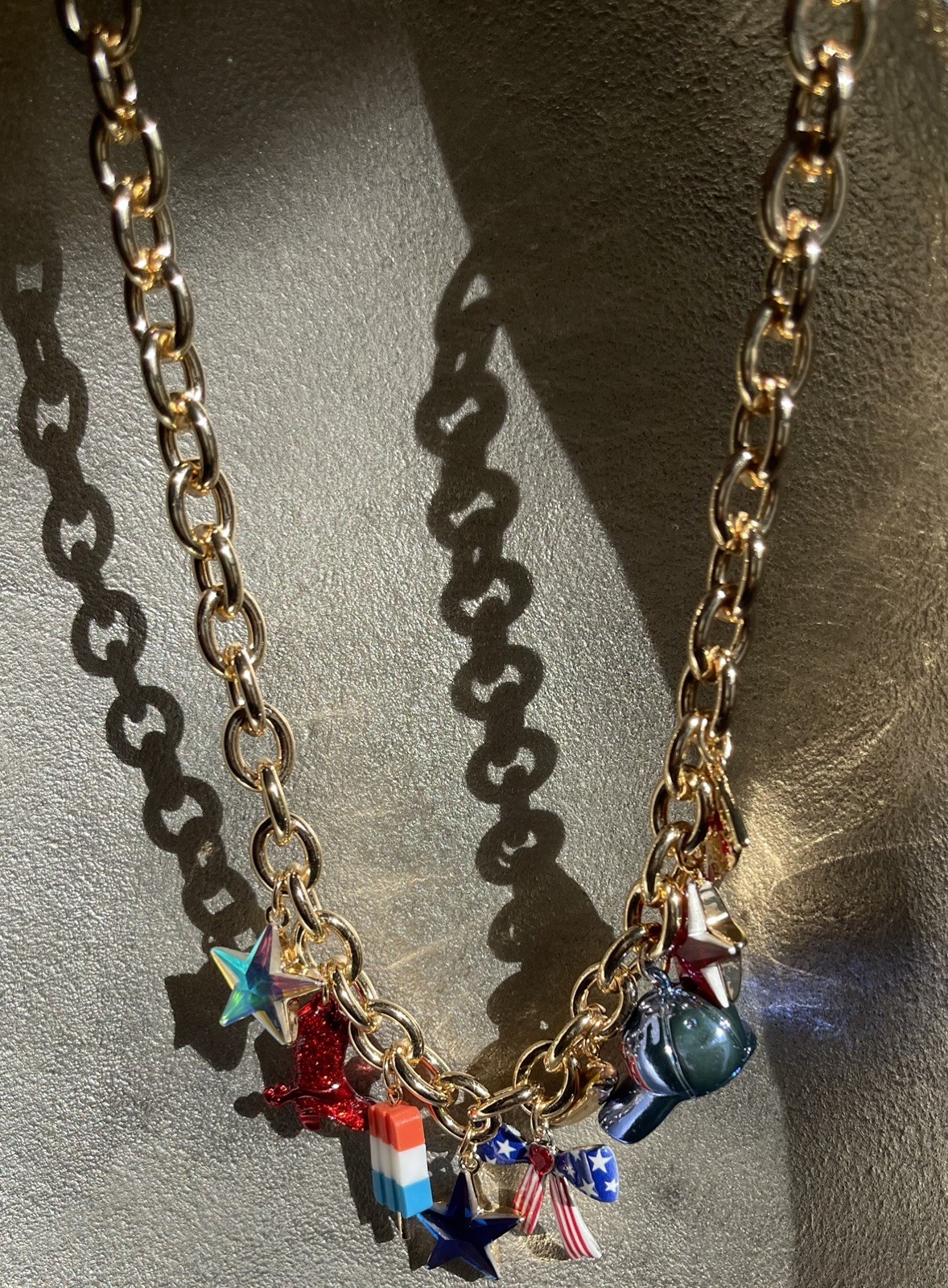 Betsey Johnson Americana USA Red White Blue Charm Shiny Gold Tone Necklace NWT