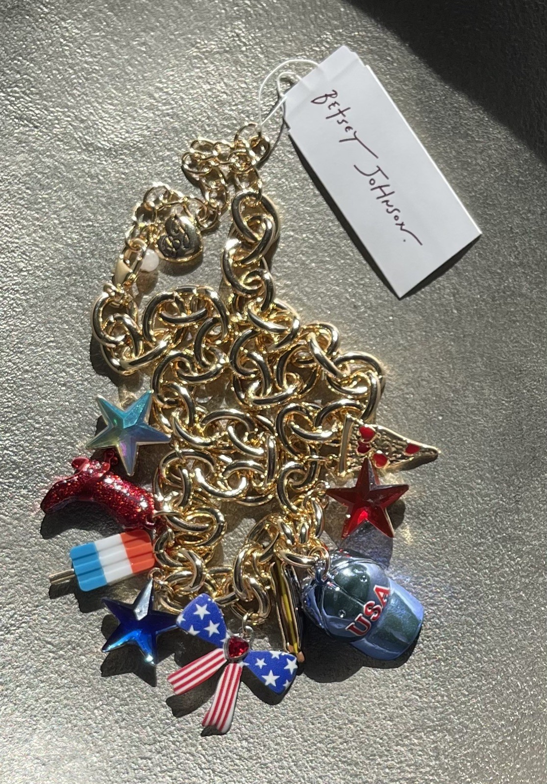 Betsey Johnson Americana USA Red White Blue Charm Shiny Gold Tone Necklace NWT